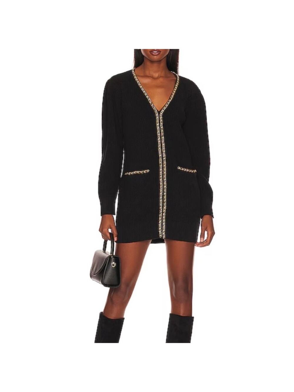 Lovers + Friends Norina Black Knit Cardigan Dress Gold Chain Trim S